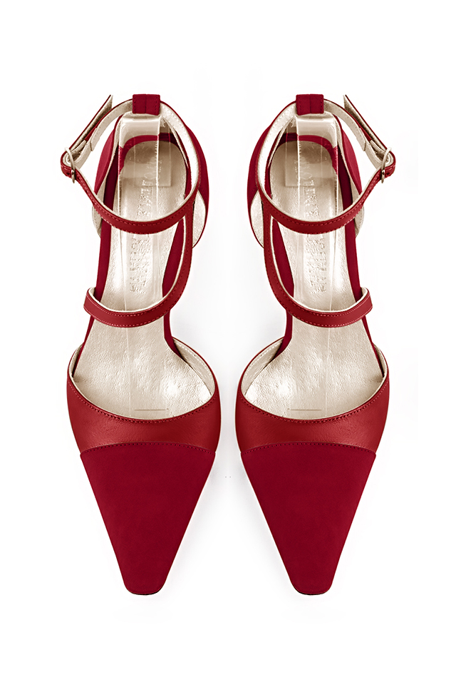Cardinal red women's open side shoes, with snake-shaped straps. Tapered toe. High slim heel. Top view - Florence KOOIJMAN